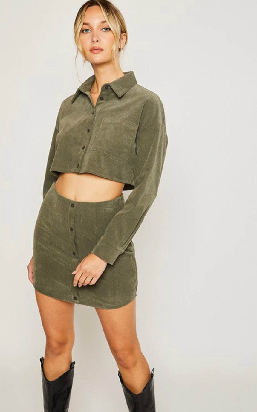 Olive Corduroy Button Down Mini Skirt